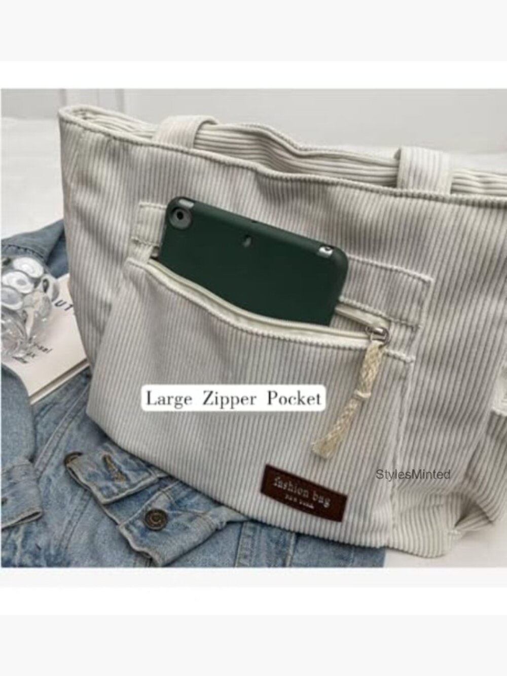 Large Corduroy Tote Bag with Pockets and Zipper Closure Shoulder Bag - Picture 5 of 7